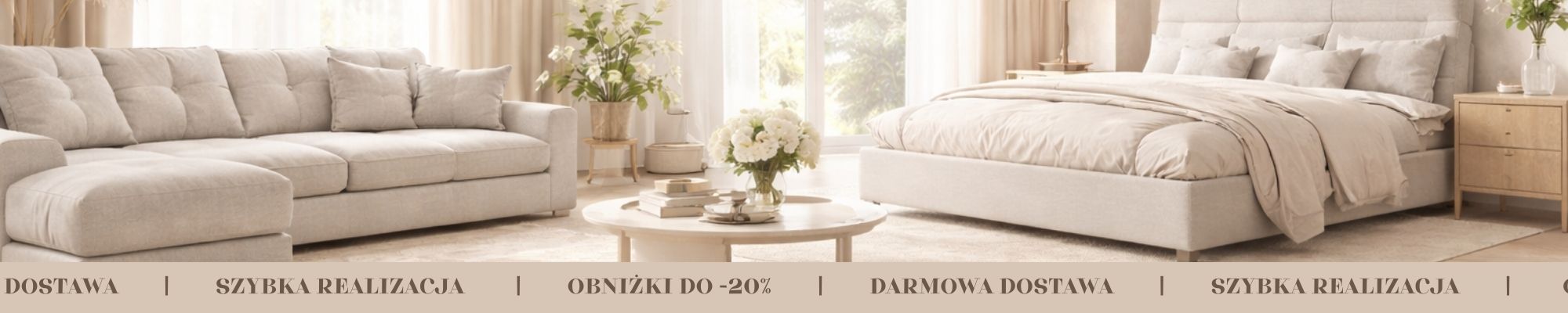 Meble do salonu i sypialni – jasna aranżacja z narożnikiem i łóżkiem tapicerowanym w nowoczesnym wnętrzu