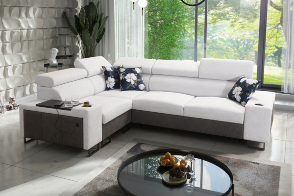 Narożnik LEMBO II - regulowane zagłówki + port USB + GRATIS PODUSZKI - 282x205 cm