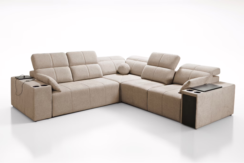 Narożnik INEZ III – regulowane zagłówki + 2x barek + GRATIS PODUSZKI – 288×291 cm