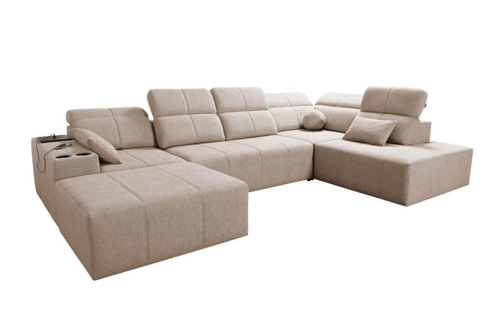 Narożnik INEZ VI – regulowane zagłówki i oparcia + GRATIS PODUSZKI – 359×202/230 cm