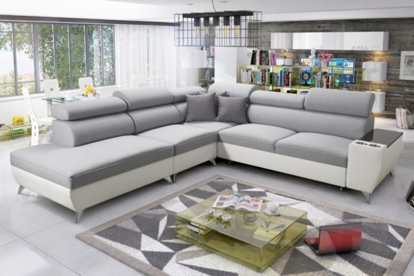 Narożnik LIRA IX - regulowane zagłówki + barek + GRATIS PODUSZKI - 283x297 cm