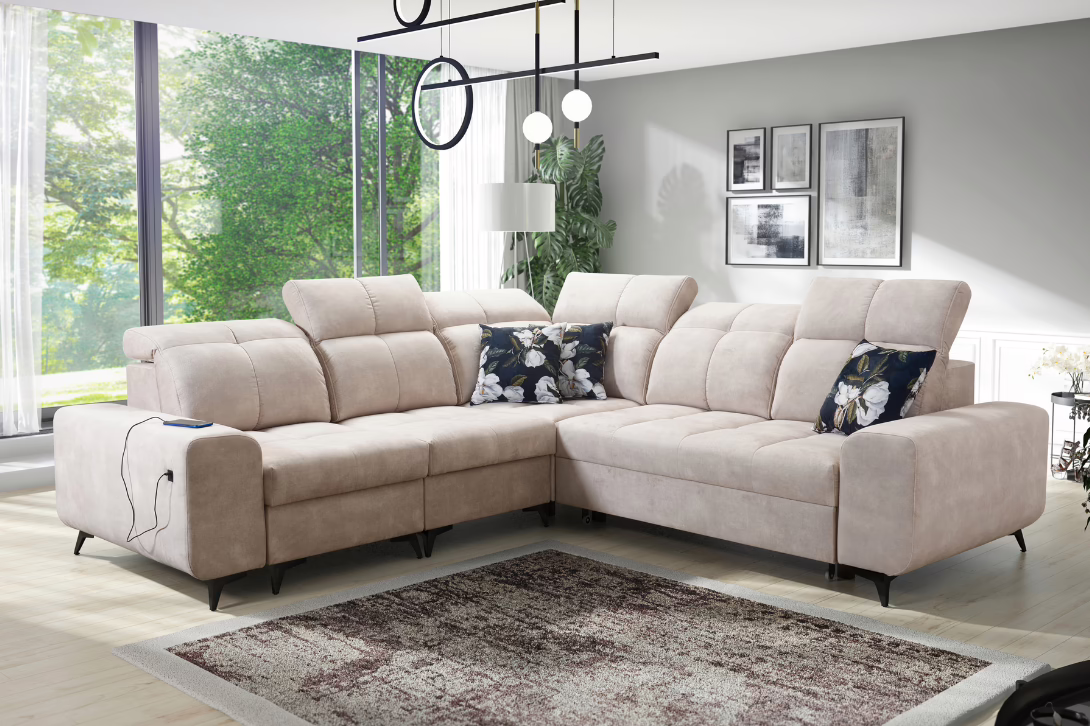 Narożnik KIARA III – regulowane zagłówki + port USB + GRATIS PODUSZKI – 266×266 cm