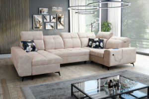 Narożnik KIARA IV - regulowane zagłówki + port USB + GRATIS PODUSZKI - 331x202/173 cm