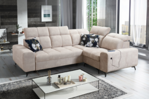 Narożnik KIARA II - regulowane zagłówki + port USB + GRATIS PODUSZKI - 266x173 cm