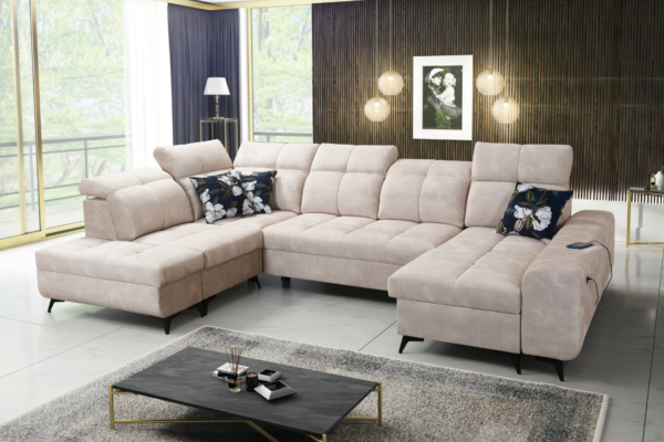 Narożnik KIARA VI - regulowane zagłówki + port USB + GRATIS PODUSZKI - 331x215/173 cm