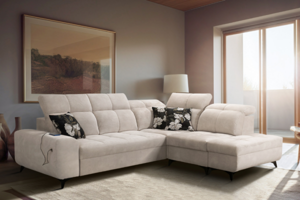 Narożnik KIARA VII - regulowane zagłówki + port USB + GRATIS PODUSZKI - 266x212 cm