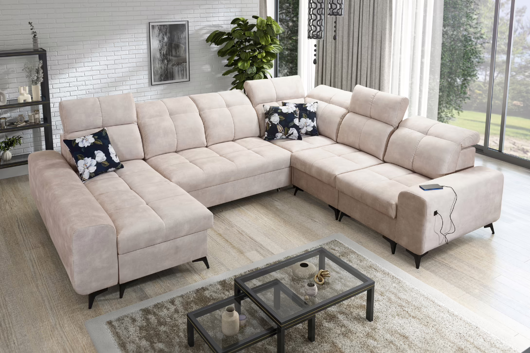 Narożnik KIARA VIII – regulowane zagłówki + port USB + GRATIS PODUSZKI – 331×267/173 cm