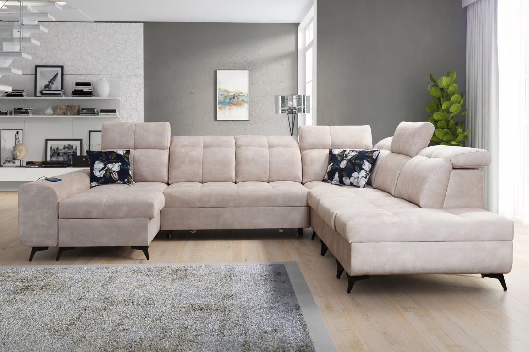 Narożnik KIARA X – regulowane zagłówki + port USB + GRATIS PODUSZKI – 331×282/173 cm