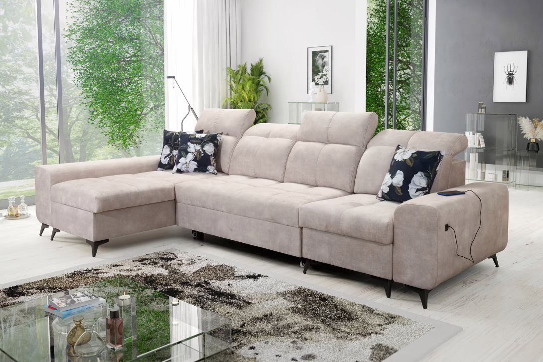 Narożnik KIARA XII – regulowane zagłówki + port USB + GRATIS PODUSZKI – 324×173 cm