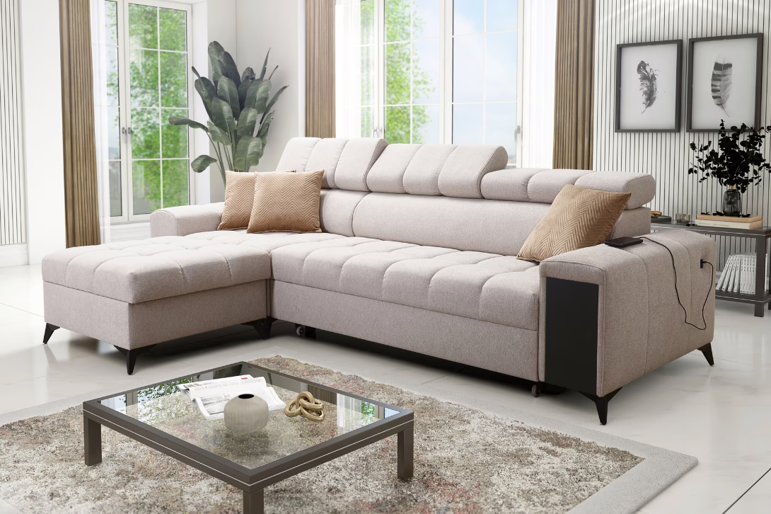 Narożnik DIANA I MINI – regulowane zagłówki + port USB + GRATIS PODUSZKI – 265×169 cm