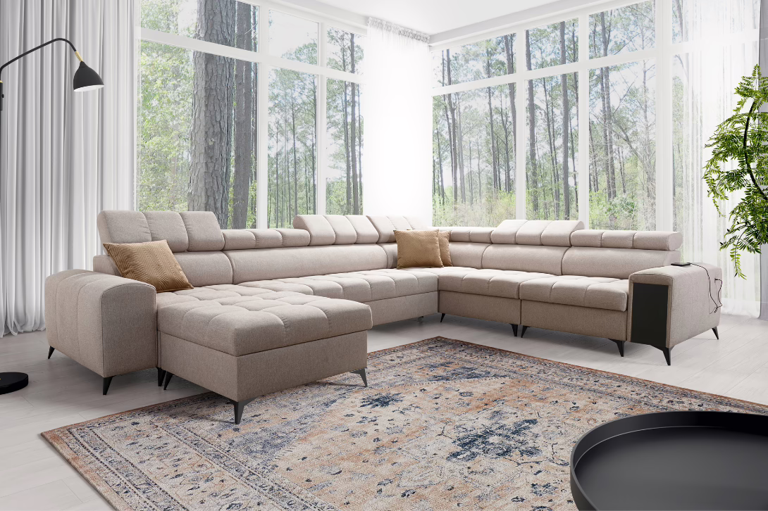 Narożnik DIANA VIII – regulowane zagłówki + port USB + GRATIS PODUSZKI – 359×276/180 cm