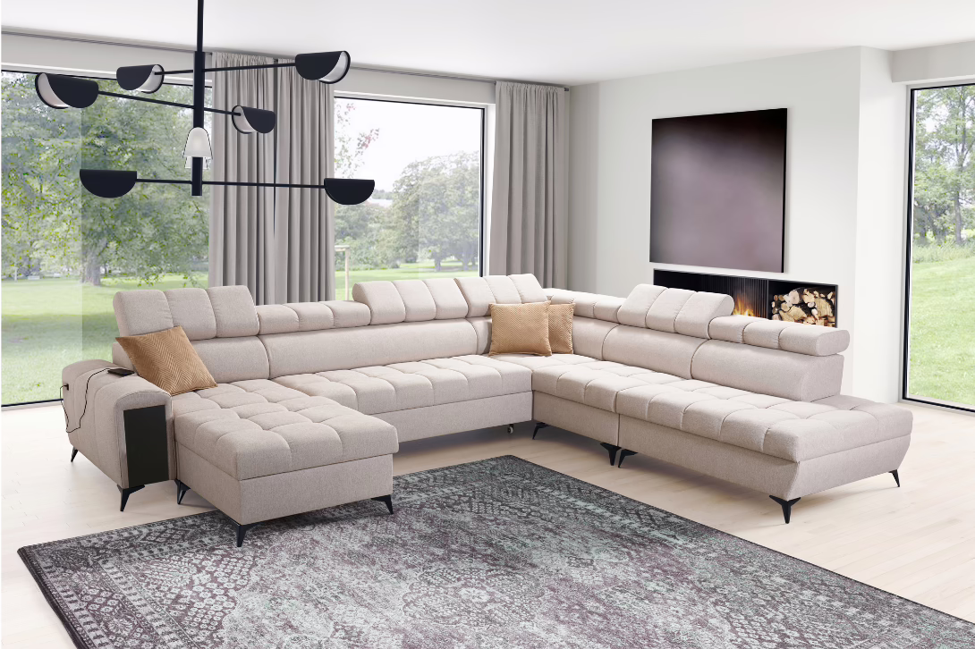 Narożnik DIANA X – regulowane zagłówki + port USB + GRATIS PODUSZKI – 359×294/180 cm