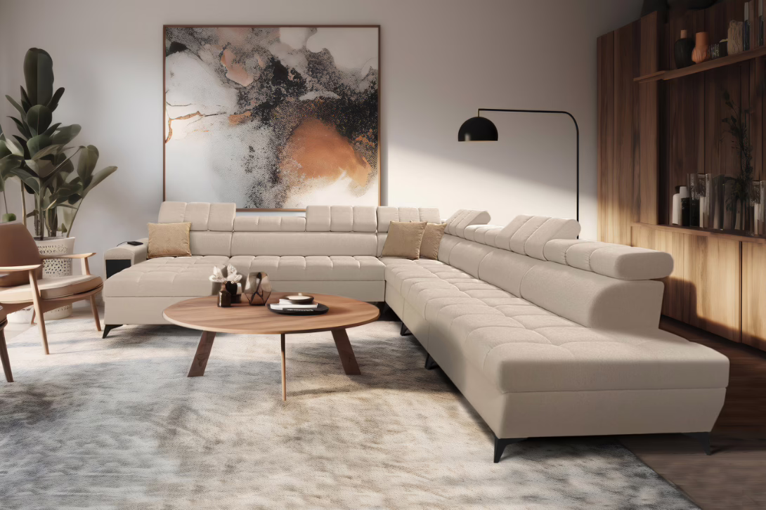 Narożnik DIANA XIII – regulowane zagłówki + port USB + GRATIS PODUSZKI – 359×369/180 cm