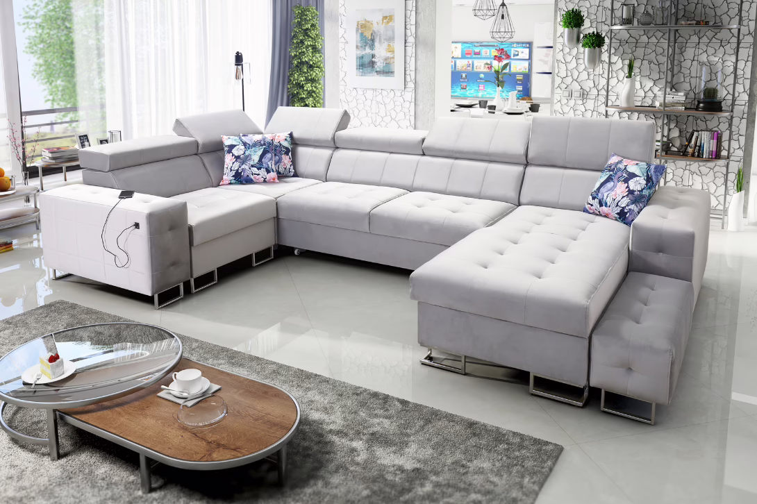 Narożnik LUXE IV – regulowane zagłówki + port USB + GRATIS PODUSZKI – 362×210/183 cm