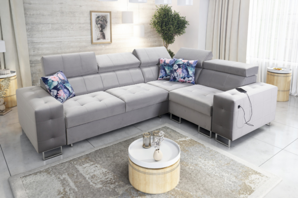 Narożnik LUXE II - regulowane zagłówki + port USB + GRATIS PODUSZKI - 286x210 cm