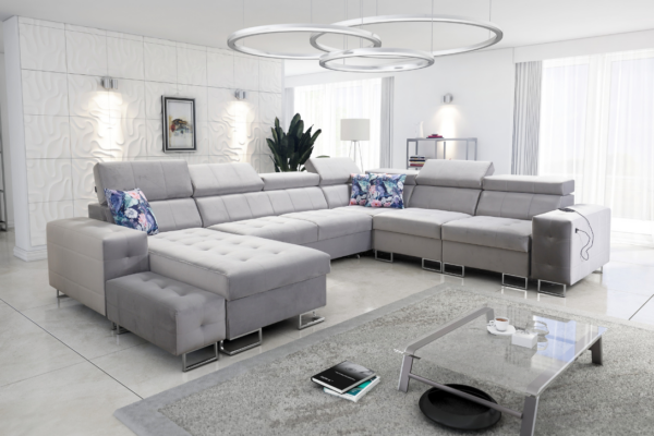 Narożnik LUXE VIII - regulowane zagłówki + port USB + GRATIS PODUSZKI - 362x288/183 cm