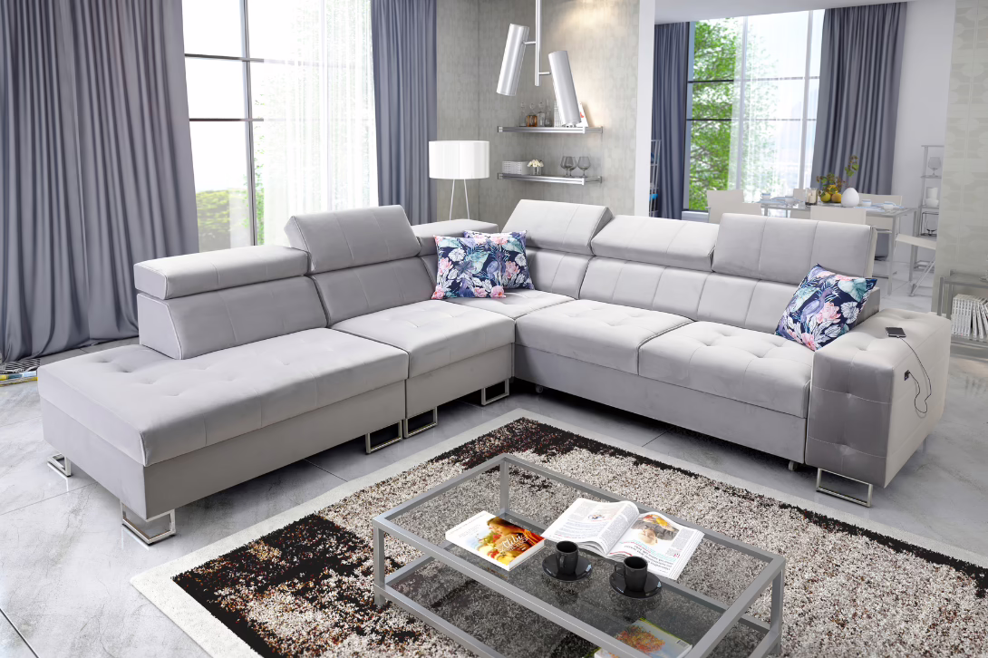 Narożnik LUXE IX – regulowane zagłówki + port USB + GRATIS PODUSZKI – 286×298 cm