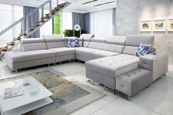 Narożnik LUXE X - regulowane zagłówki + port USB + GRATIS PODUSZKI - 362x293/183 cm