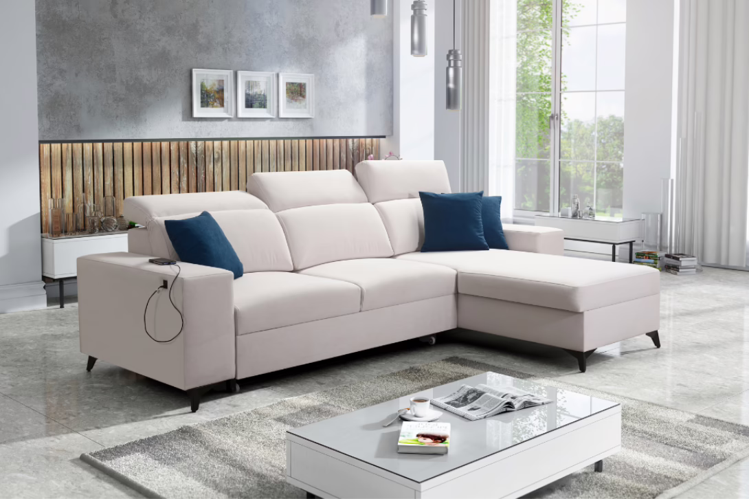 Narożnik TARO I MIX – regulowane zagłówki + port USB + GRATIS PODUSZKI – 286×182 cm