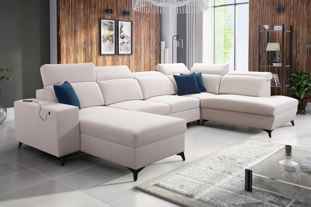 Narożnik TARO VI MIX – regulowane zagłówki + port USB + GRATIS PODUSZKI – 363×183/224 cm