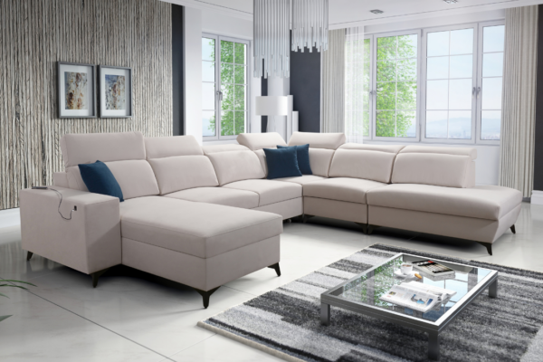 Narożnik TARO X MIX - regulowane zagłówki + port USB + GRATIS PODUSZKI - 361x183/300 cm