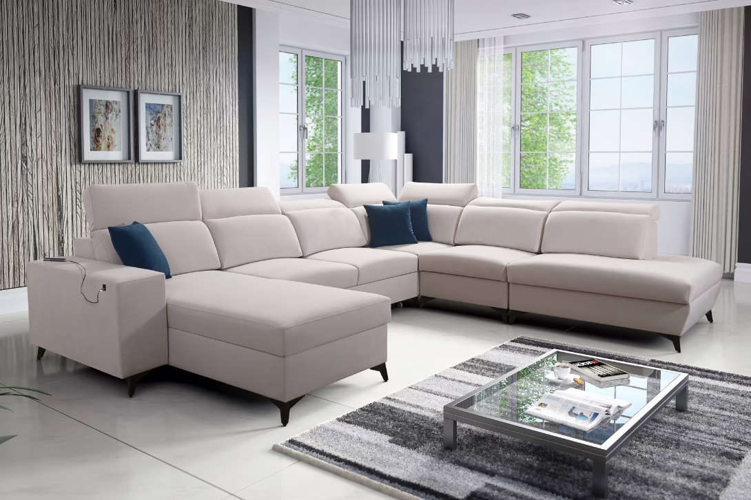 Narożnik TARO X MIX – regulowane zagłówki + port USB + GRATIS PODUSZKI – 361×183/300 cm