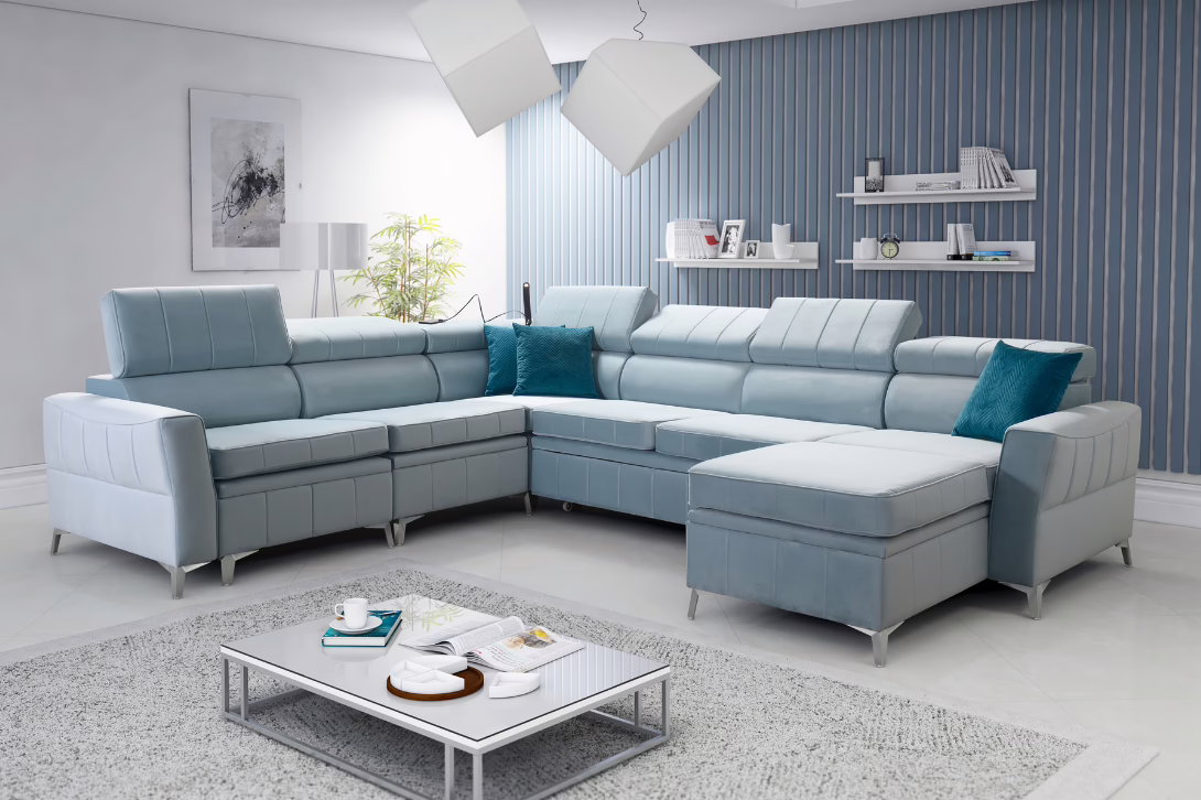 Narożnik CHLOE VII regulowane zagłówki + pojemnik na pościel + GRATIS PODUSZKI – 328×272/174 cm