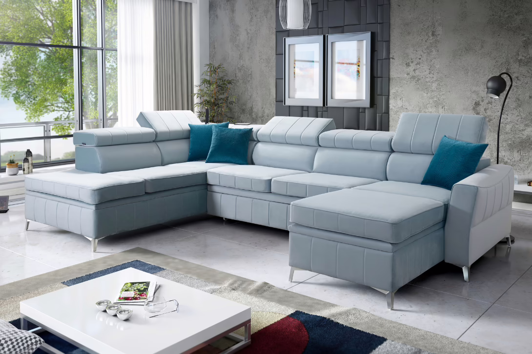 Narożnik CHLOE VI – regulowane zagłówki + pojemnik na pościel + GRATIS PODUSZKI 328×174/218 cm