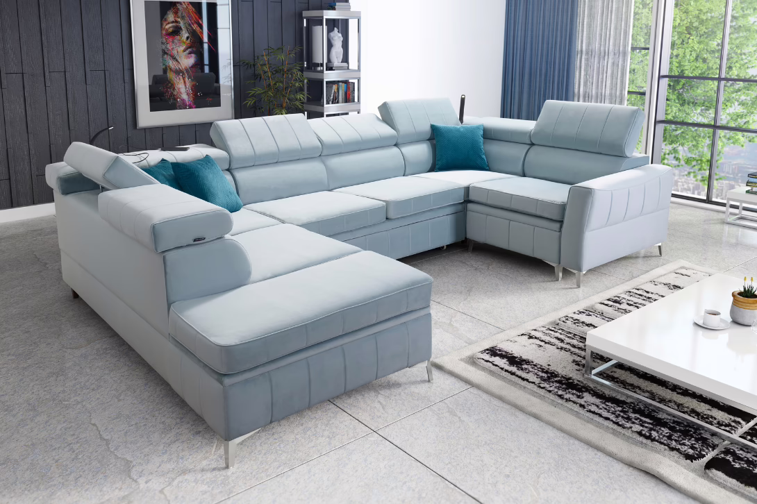 Narożnik CHLOE V regulowane zagłówki + pojemnik na pościel + GRATIS PODUSZKI – 336×196/218 cm