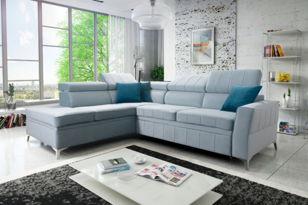 Narożnik CHLOE III - regulowane zagłówki + pojemnik na pościel + GRATIS PODUSZKI - 262x218 cm