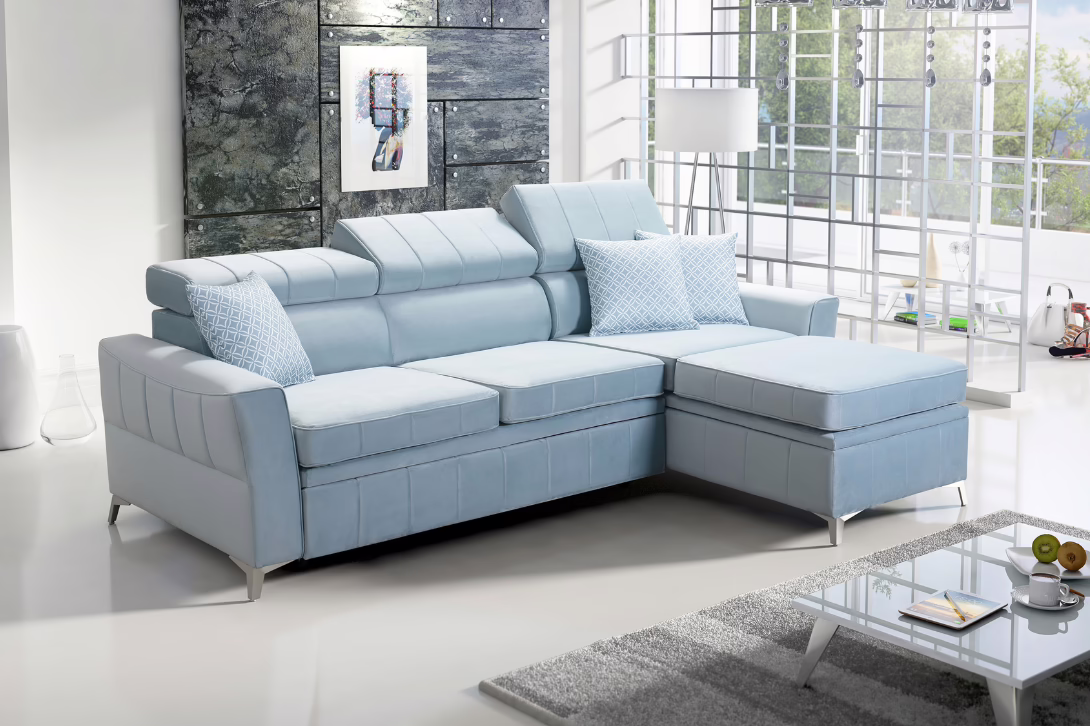 Narożnik CHLOE I – regulowane zagłówki + pojemnik na pościel + GRATIS PODUSZKI – 244×174 cm