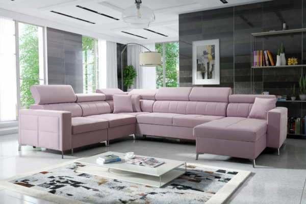 Narożnik NUBE VII - regulowane zagłówki + pojemnik na pościel + GRATIS PODUSZKI - 351x183/270 cm