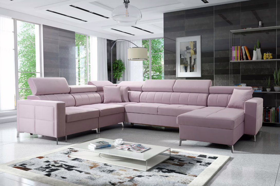 Narożnik NUBE VII – regulowane zagłówki + pojemnik na pościel + GRATIS PODUSZKI – 351×183/270 cm