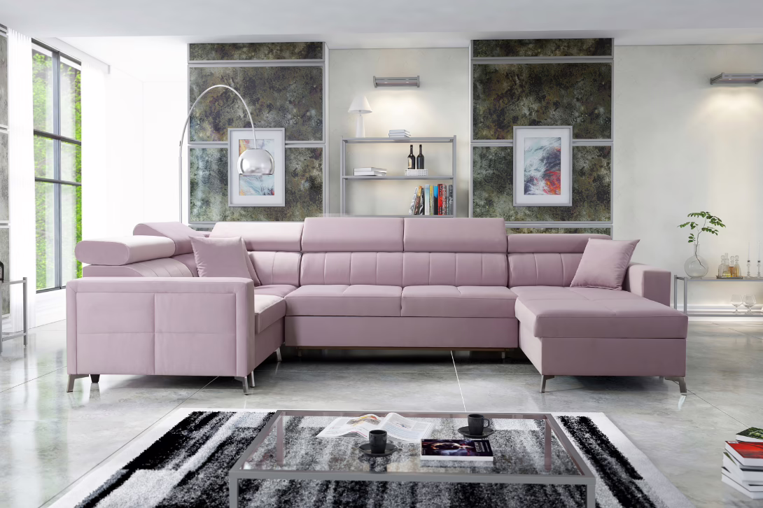 Narożnik NUBE V MINI – regulowane zagłówki + pojemnik na pościel + GRATIS PODUSZKI – 332×171/198 cm