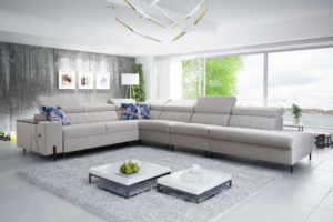 Narożnik KLARA IX - regulowane zagłówki + barek + GRATIS PODUSZKI - 283x379 cm