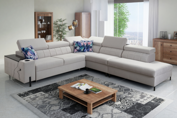 Narożnik KLARA VIII - regulowane zagłówki + barek + GRATIS PODUSZKI - 283x302 cm