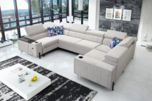 Narożnik KLARA X - regulowane zagłówki + barek + GRATIS PODUSZKI - 358x207/207 cm