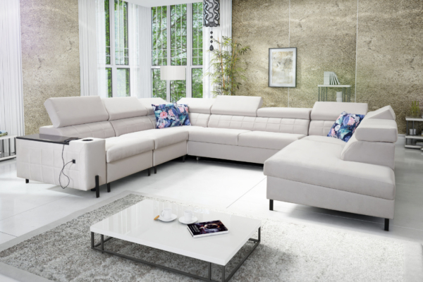 Narożnik KLARA VII - regulowane zagłówki + barek + GRATIS PODUSZKI - 358x225/283 cm