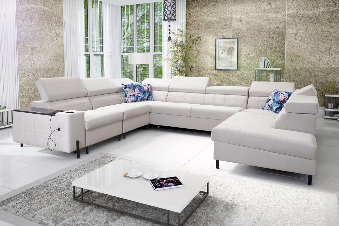 Narożnik KLARA VII – regulowane zagłówki + barek + GRATIS PODUSZKI – 358×225/283 cm