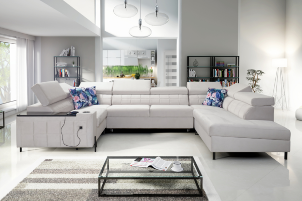 Narożnik KLARA V - regulowane zagłówki + barek + GRATIS PODUSZKI - 358x225/208 cm