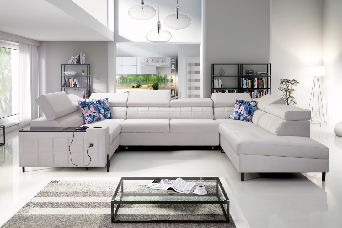 Narożnik KLARA V – regulowane zagłówki + barek + GRATIS PODUSZKI – 358×225/208 cm