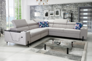 Narożnik KLARA IV - regulowane zagłówki + barek + GRATIS PODUSZKI - 283x284 cm