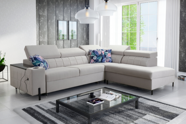 Narożnik KLARA III - regulowane zagłówki + barek + GRATIS PODUSZKI - 283x225 cm