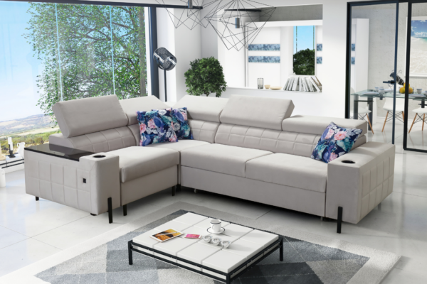 Narożnik KLARA II - regulowane zagłówki + barek + GRATIS PODUSZKI - 283x208 cm