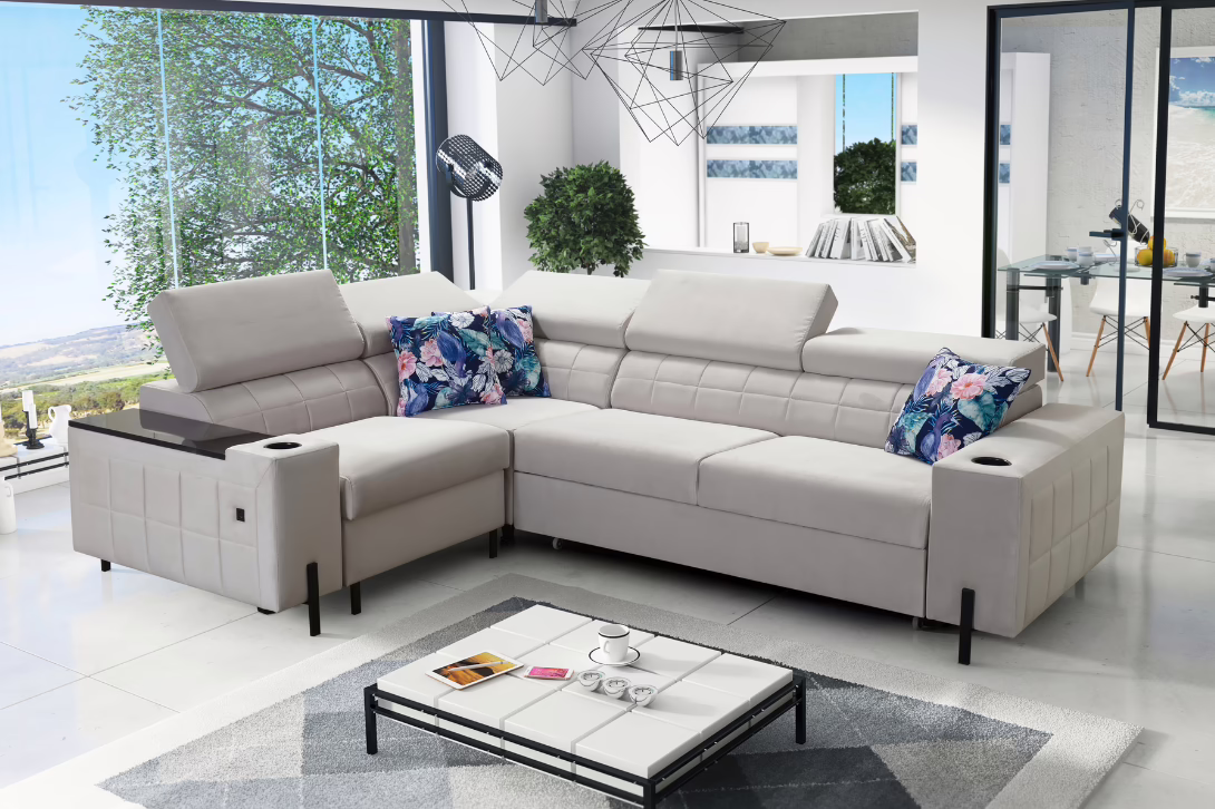 Narożnik KLARA II – regulowane zagłówki + barek + GRATIS PODUSZKI – 283×208 cm