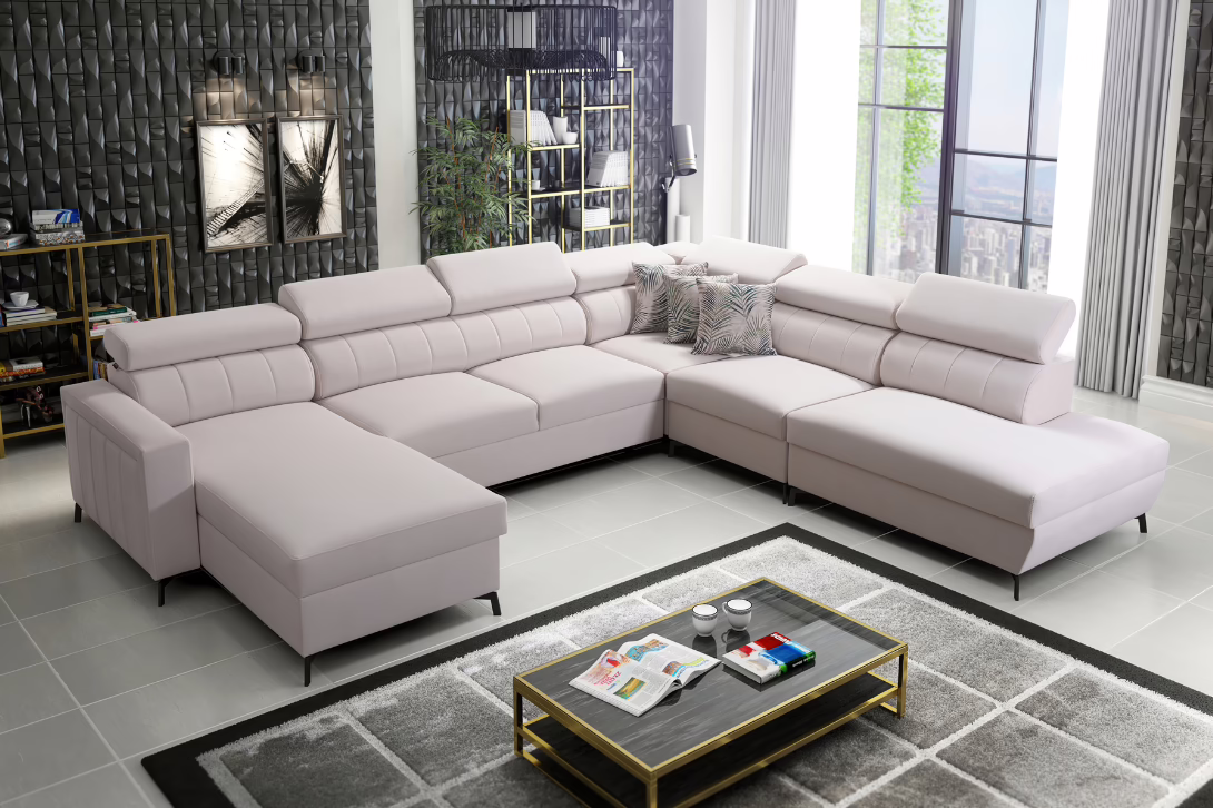 Narożnik COMO IX regulowane zagłówki + pojemnik na pościel + GRATIS PODUSZKI – 351×302/183 cm