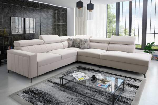 Narożnik COMO VIII - regulowane zagłówki + pojemnik na pościel + GRATIS PODUSZKI - 275x302 cm