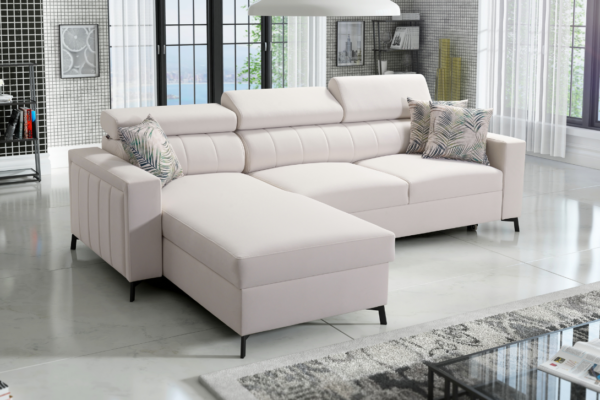 Narożnik COMO I MINI - regulowane zagłówki + pojemnik na pościel + GRATIS PODUSZKI - 250x171 cm