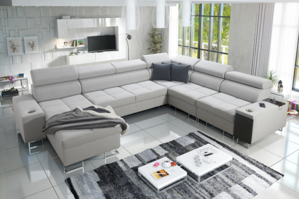 Narożnik BIETA VIII regulowane zagłówki + otwierany barek + GRATIS PODUSZKI - 360x284/183 cm