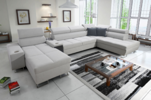 Narożnik BIETA V - regulowane zagłówki + otwierany barek + GRATIS PODUSZKI - 371x221/170 cm